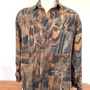 90's Silk Shirt - Long Sleeve - Obscured Print - Size Large - Novin